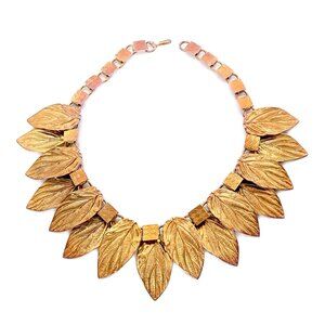 50s-60s Etruscan Collar of Bronzed Leaves Choker Necklace Gold Tone Book Chain